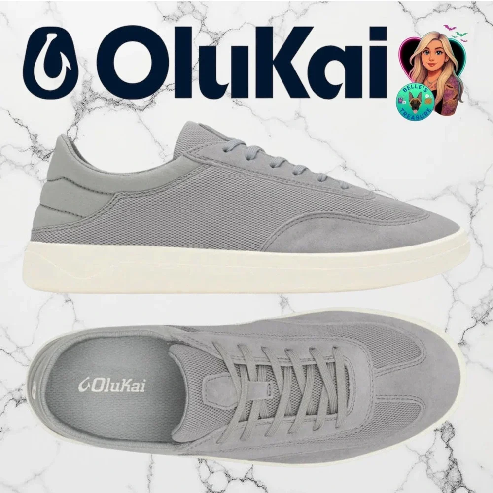 OluKai Punini Men's 7 Mesh Suede Sneakers Ash Grey Drop In Heel Slide In Comfort